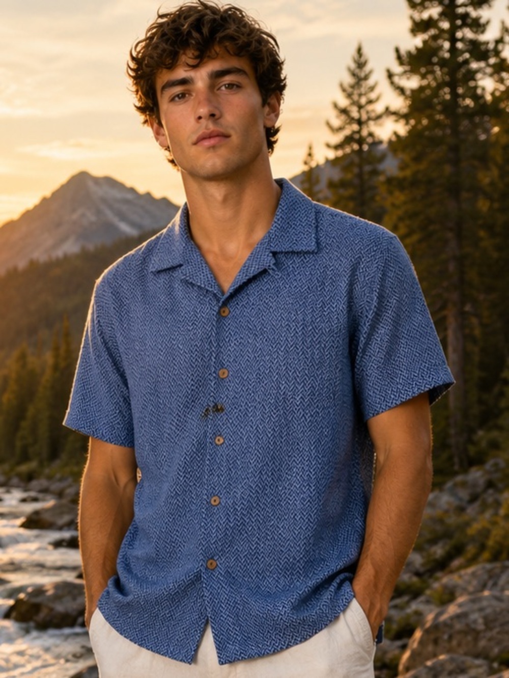 Fly By Night XL Blue Chevron Button Up Camp Shirt NWT Mens